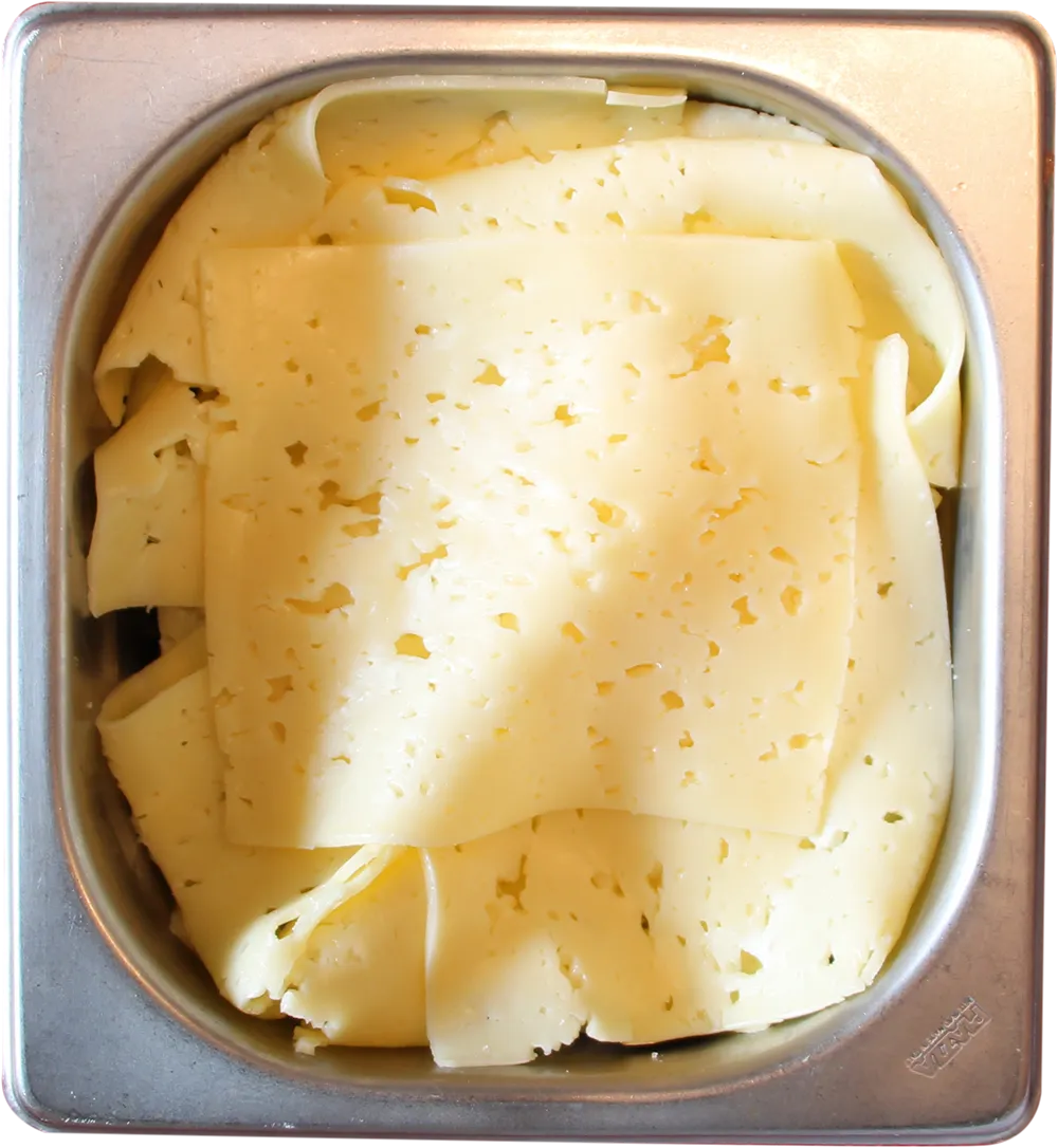 Vaschetta acciaio gastronorm con fette di formaggio